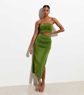 Green High Shine Ruched Midi Skirt
