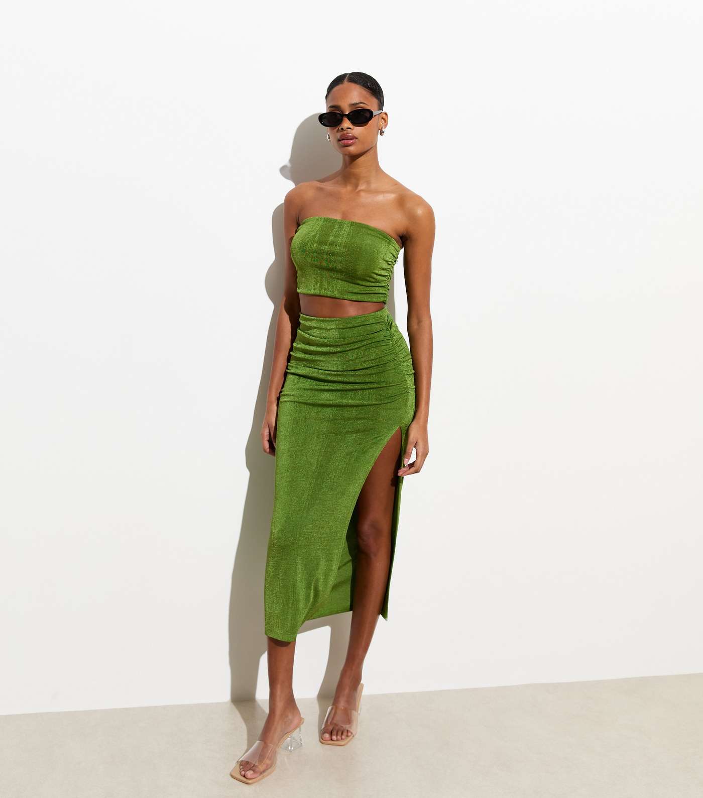Green High Shine Ruched Midi Skirt Image 2