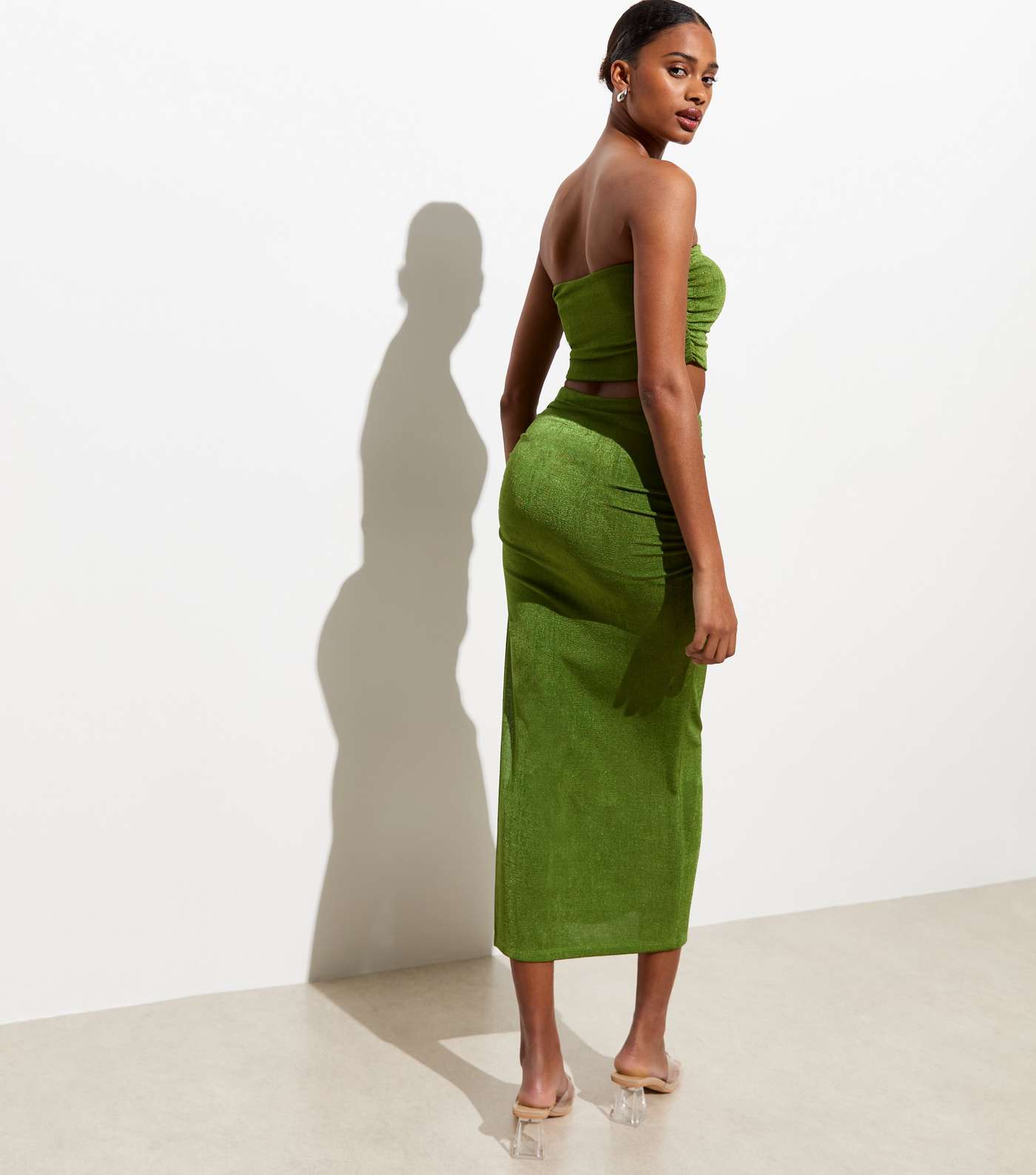 Green High Shine Ruched Midi Skirt Image 4