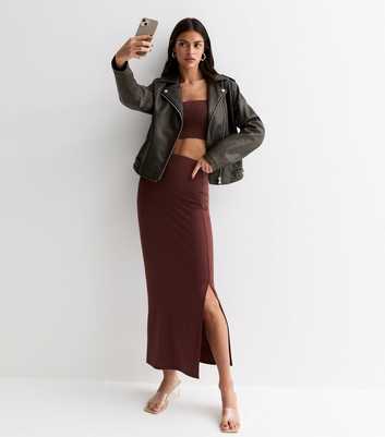 Dark Brown Split Hem Midi Skirt