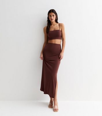 Dark Brown Split Hem Midi Skirt New Look