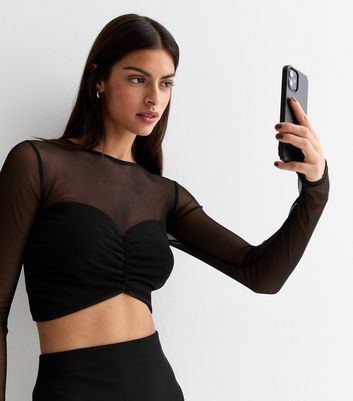 Black Mesh Long Sleeve Ruched Crop Top New Look