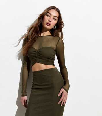 Olive Mesh Long Sleeve Ruched Crop Top