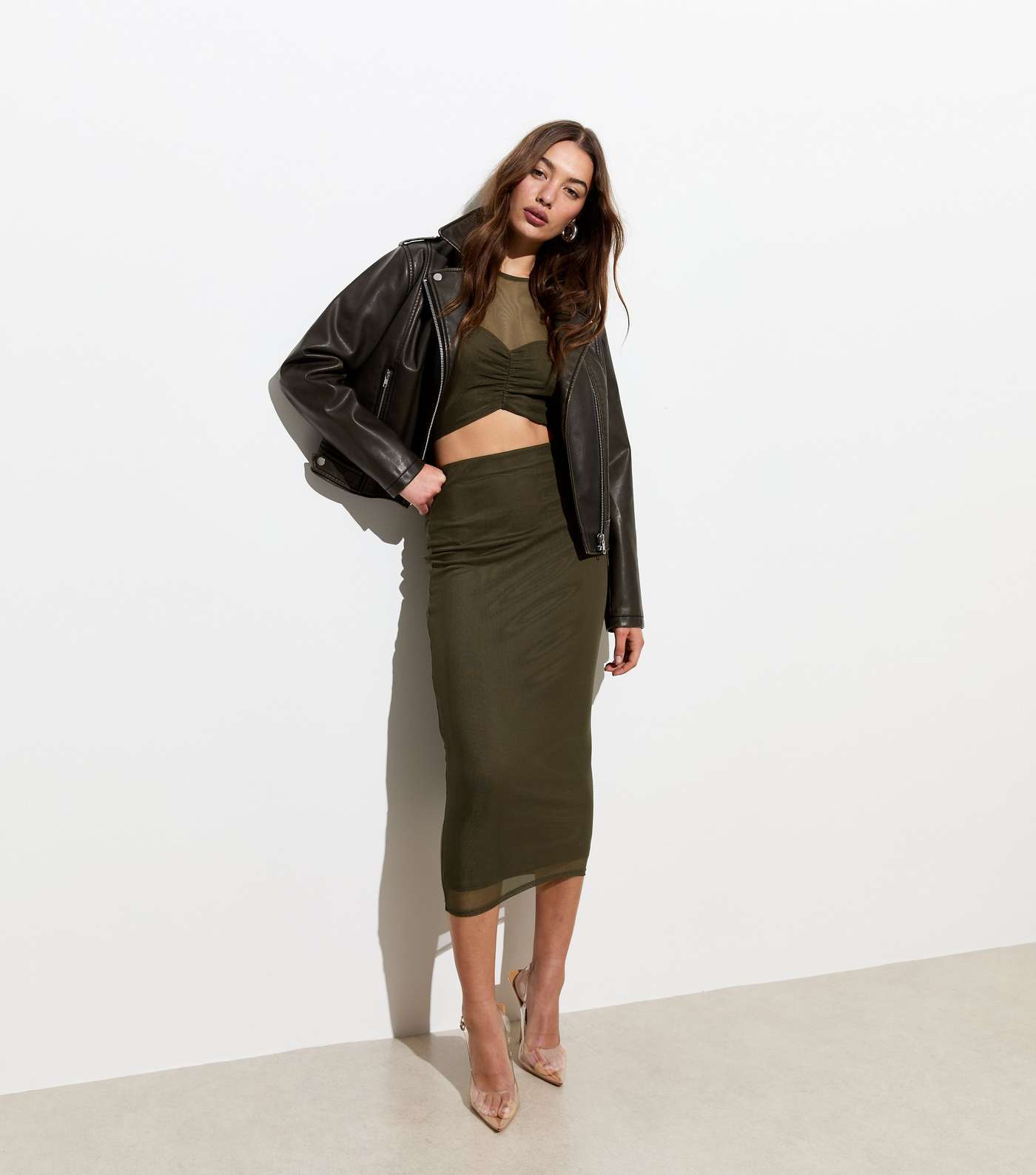 Olive Mesh Long Sleeve Ruched Crop Top Image 3