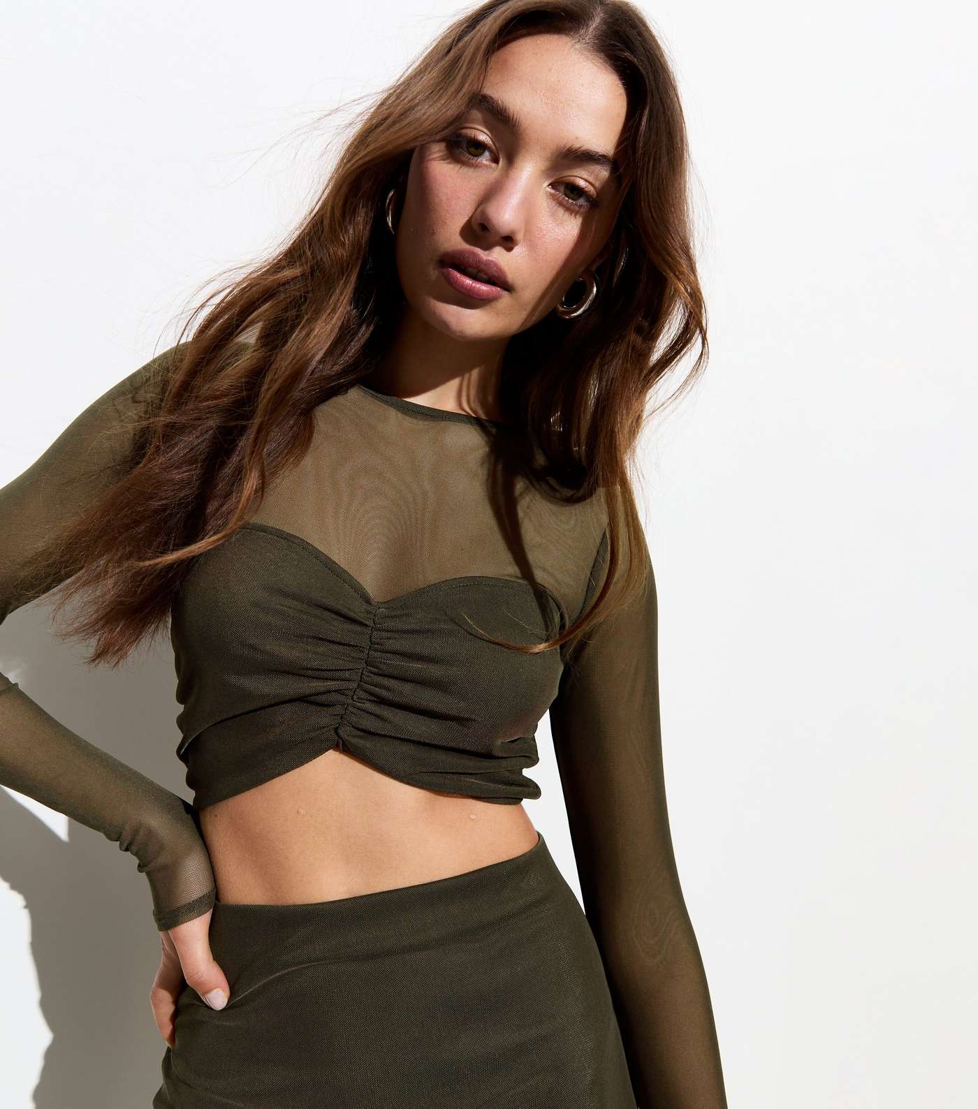 Olive Mesh Long Sleeve Ruched Crop Top Image 5
