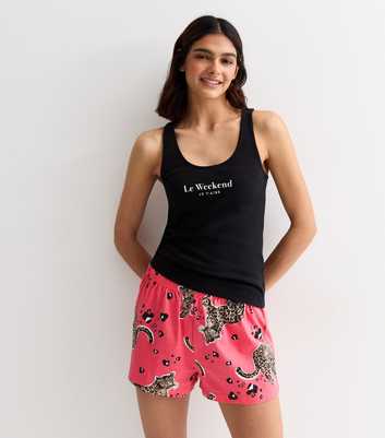 Pink Leopard Print-Shorts Rib-Vest Set 