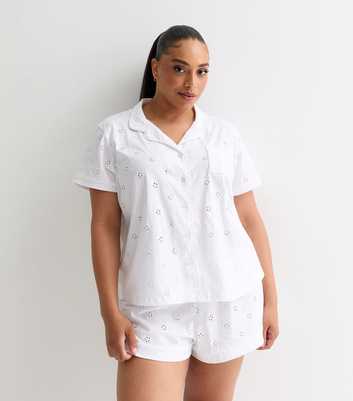 Curves White Embroidered Cotton Short Pyjama Set