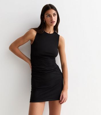 Black Mesh Ruched Sleeveless Mini Dress New Look