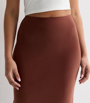 Petite Brown Jersey Split Hem Midi Skirt New Look