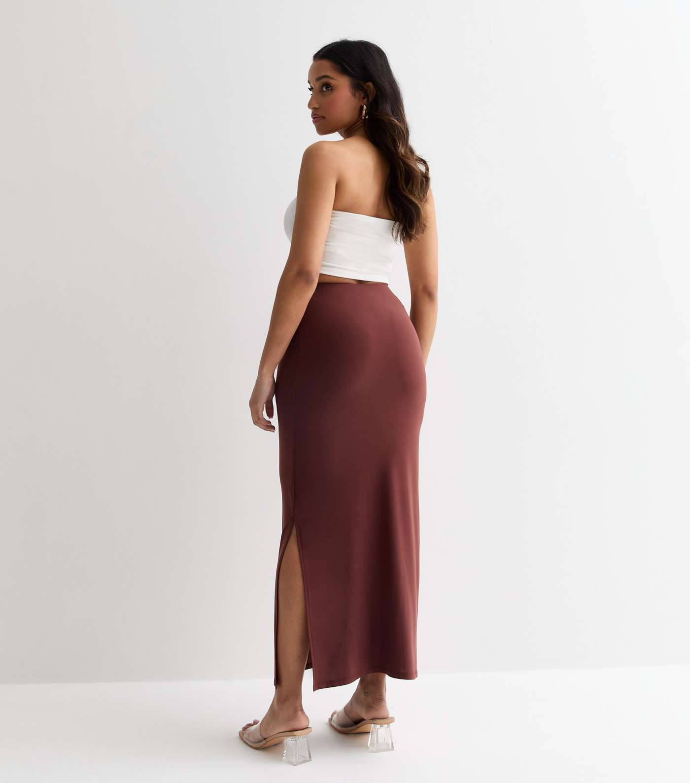 Petite Brown Jersey Split Hem Midi Skirt Image 4