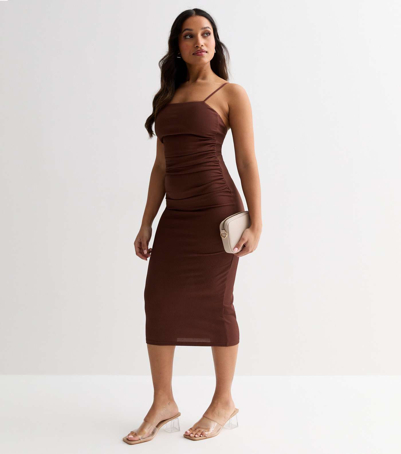 Petite Dark Brown Ribbed Strappy Midi Dress Image 3