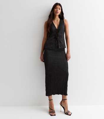 Tall Black Crinkle High Waist Midi Skirt