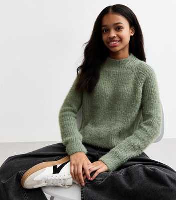 Girls Olive Brushed Knit Jumper