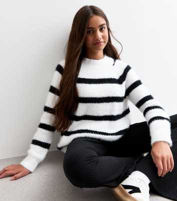 Girls White Striped Fluffy Jumper 