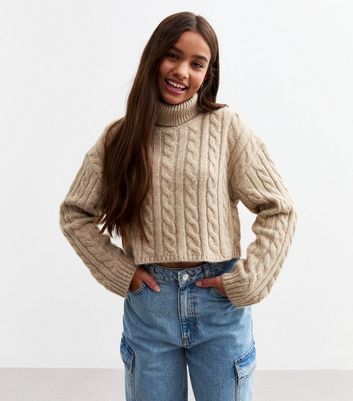 Girls Mink Cable Knit Roll Neck Jumper New Look