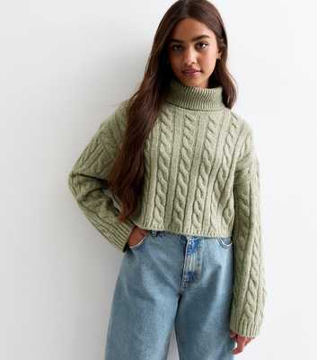 Girls Olive Cable Knit Roll Neck Jumper