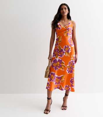 Gini London Bright Orange Floral Satin Cowl Neck Midi Dress