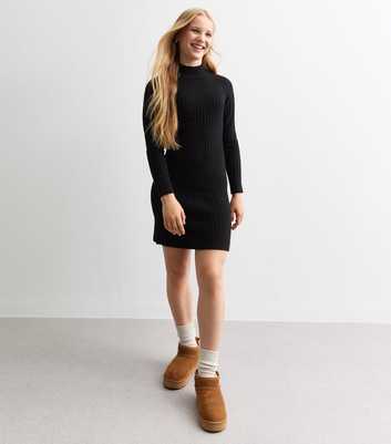 Girls Black Rib Knitted Dress