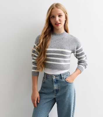 Girls Grey Striped Knit Crop Jumper 