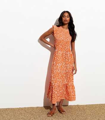 Orange Shirred Spot Print Ruffled Midi Dress