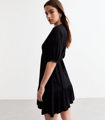 Black Button Through Textured Mini Smock Dress New Look