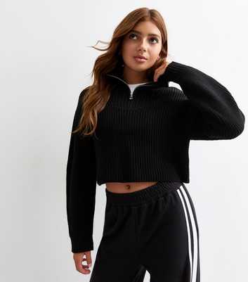 Girls Black Half Zip Knit Jumper