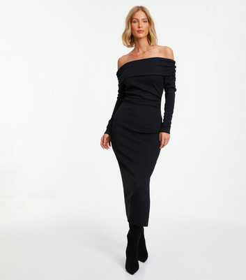 QUIZ Black Ribbed Bardot Midi Dress