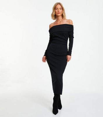 Black ribbed 2025 bardot dress