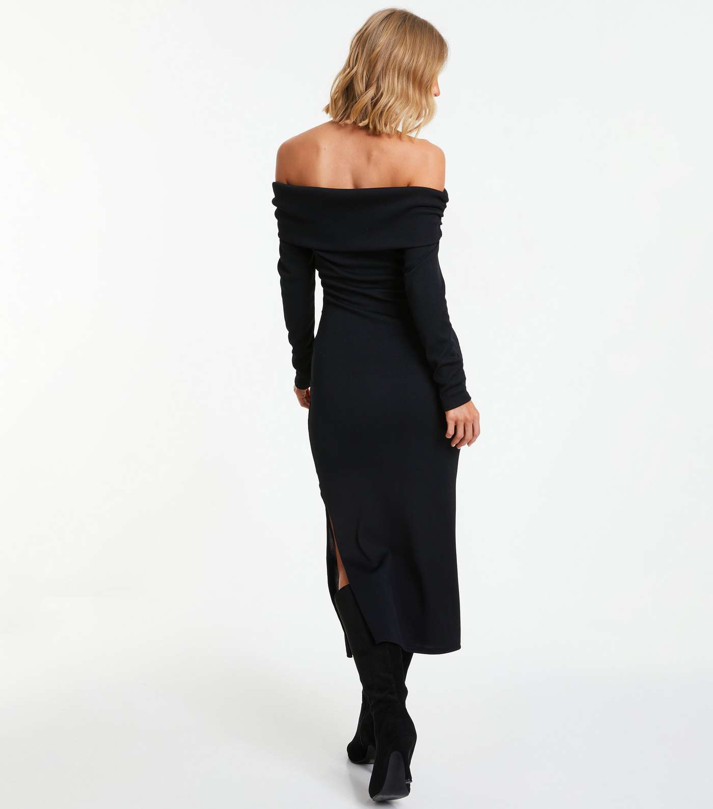 QUIZ Black Ribbed Bardot Midi Dress Image 3