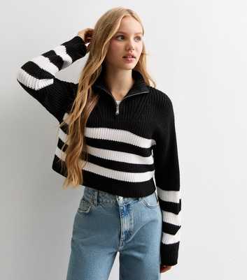 Girls Black Striped Half Zip Knit Jumper