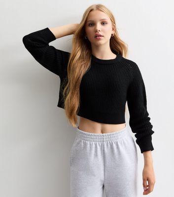 Girls Black Hole Detail Crew Neck Crop Jumper New Look