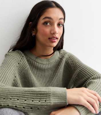 Girls Olive Hole Detail Crew Neck Crop Jumper