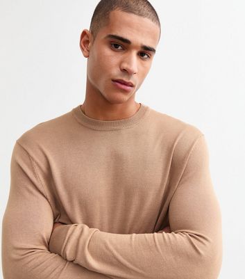 Men's Camel Slim Fine Knit Crew Neck Jumper New Look