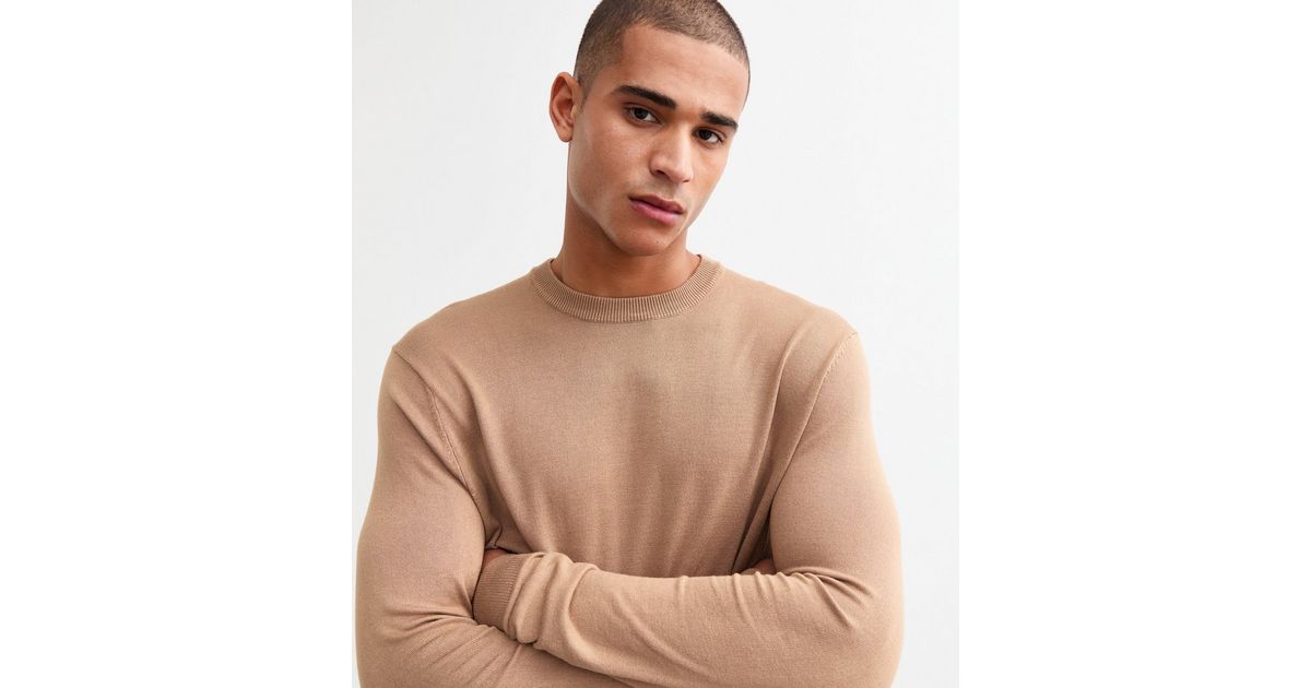 Camel Slim Fine Knit Crew Neck Jumper New Look