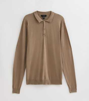 Light Brown Slim Fine Knit Long Sleeve Polo Top