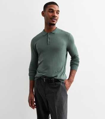 Green Slim Fine Knit Long Sleeve Polo Top