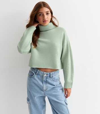 Girls Light Green Cropped Roll Neck Jumper