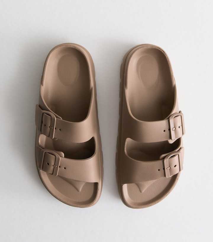 Truffle Light Brown Buckle Sliders