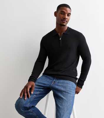 Black Regular Half Zip Ribbed Long Sleeved Polo Shirt