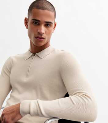 Cream Regular Half Zip Ribbed Long Sleeved Polo Shirt