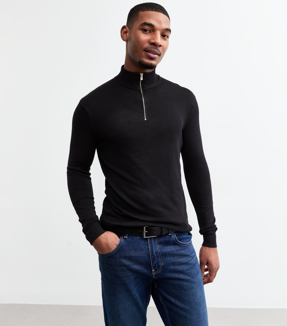 Men's Black Slim Quarter Zip Lightweight Knit Jumper New Look