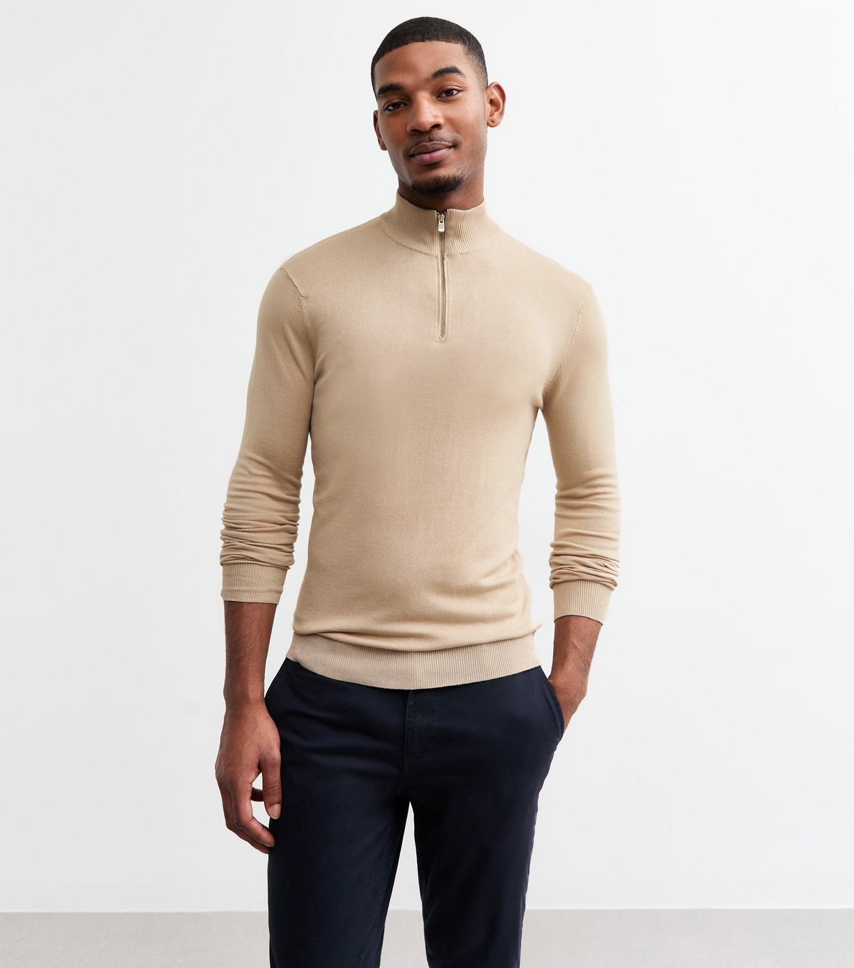 Men's Stone Slim Quarter Zip Lightweight Knit Jumper New Look