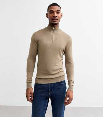 Light Brown Slim Quarter Zip Lightweight Knit Jumper