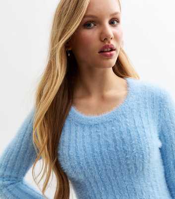 Girls Blue Fluffy Ribbed Fitted Jumper