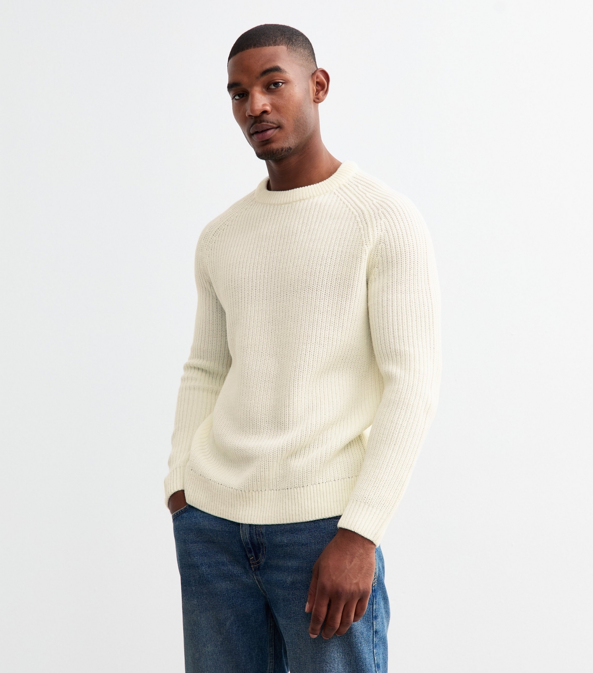 Men's Off White Regular Rib Knit Crew Neck Jumper New Look