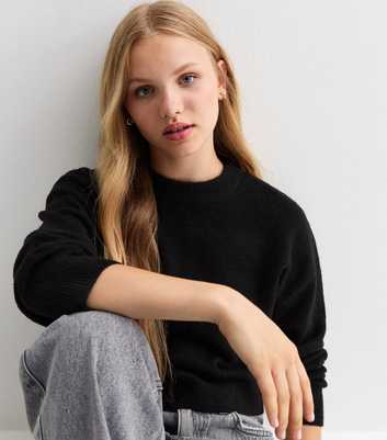 Girls Black Crop Ribbed Cuff Jumper