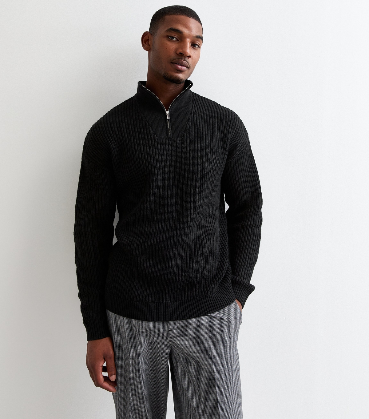 Men's Black Relaxed Quarter Zip Textured Knit Jumper New Look