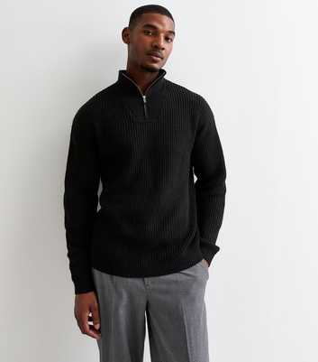 Black Half-Zip Textured Knit Jumper