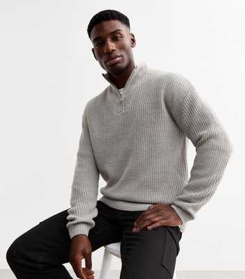 Grey Relaxed Quarter Zip Textured Knit Jumper 