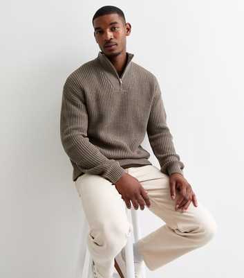 Brown Relaxed Quarter Zip Textured Knit Jumper